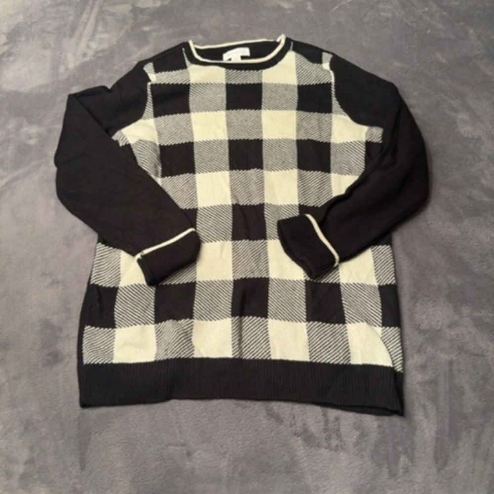 Charter Club Sweater Women M Black White Checkered Pullover Knit Crewneck